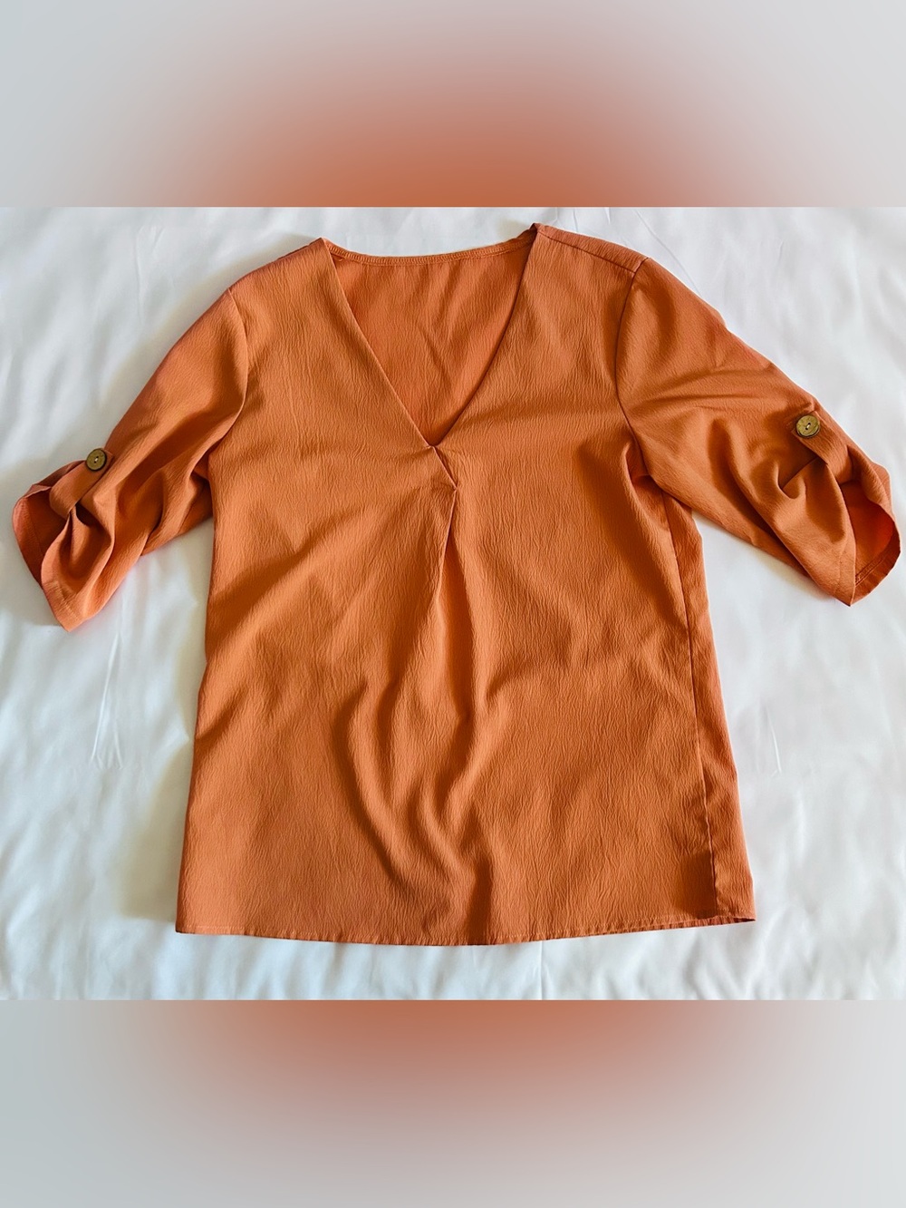 SHEIN Light Orange V-Neck Rolled Sleeve Blouse Size Small
